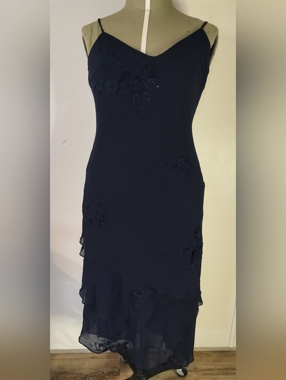 Navy Spaghetti-Strap Midi Dress with Floral Beadwork